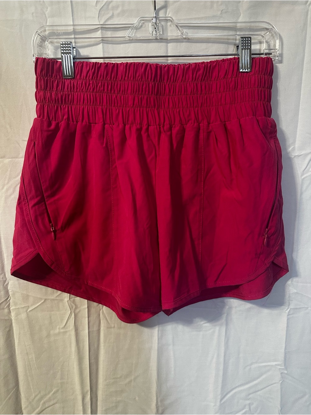 Pinspark Women's Athletic Shorts with Smocked Waist and zipper in Raspberry